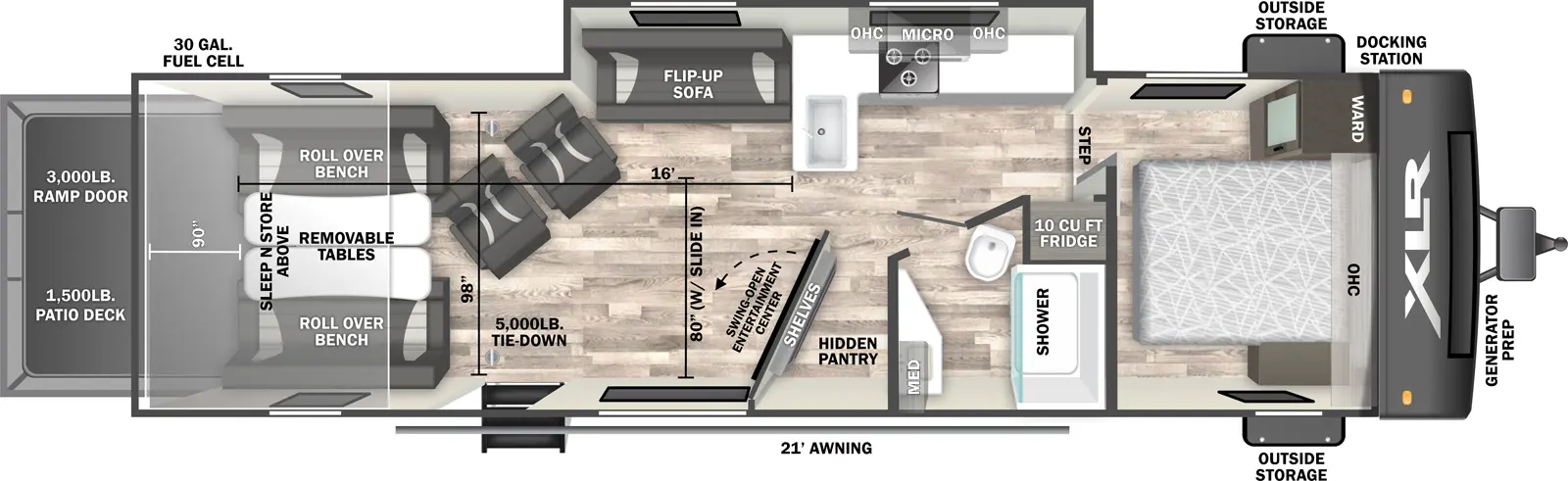 The XLR Hyperlite 3016H floorplan is a toy hauler that has two entries and two slide outs. Exterior features include: fiberglass exterior. Interiors features include: front bedroom.